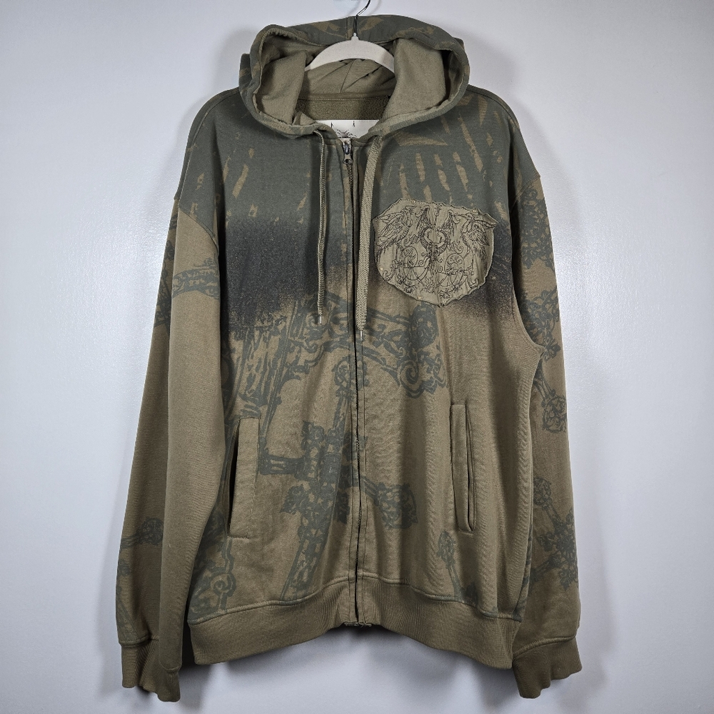 Vintage 90s Y2K Grunge Skater All Over Cross Print Zip Up Hoodie Jacket Large